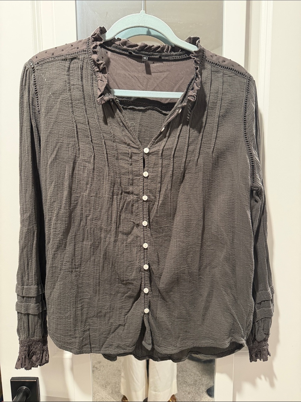 Quince Ruffle Collar Button-Front Blouse - Gray